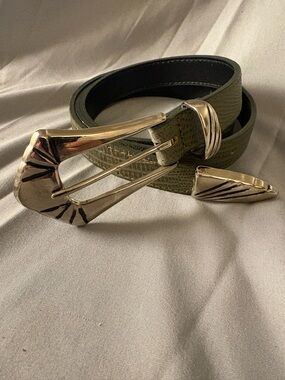 Vintage Leather Shop Green Genuine Leather Belt Statement Buckle USA